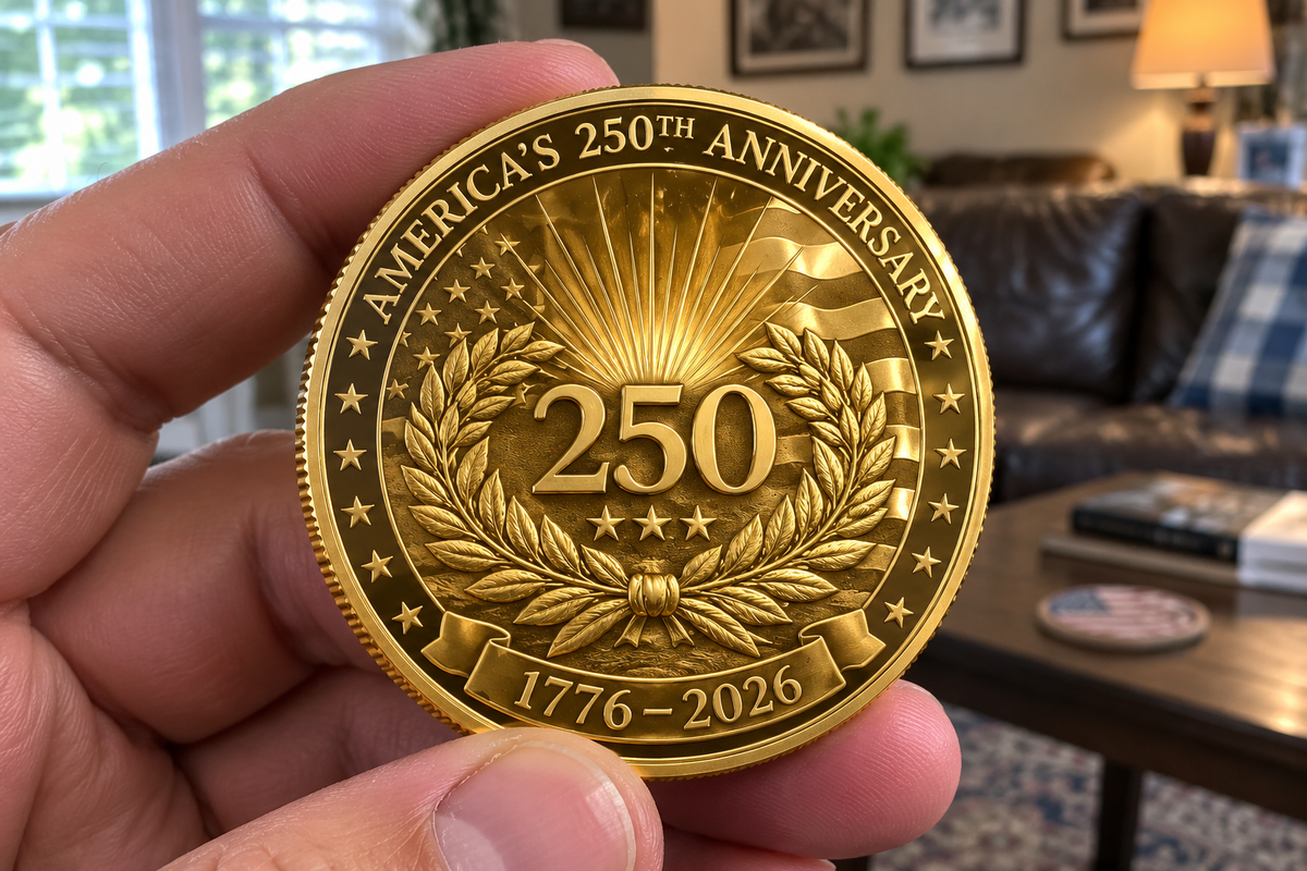 A hand holding the Golden America 250 Tribute Coin, showing America's 250th Anniversary and the 1776 to 2026 banner
