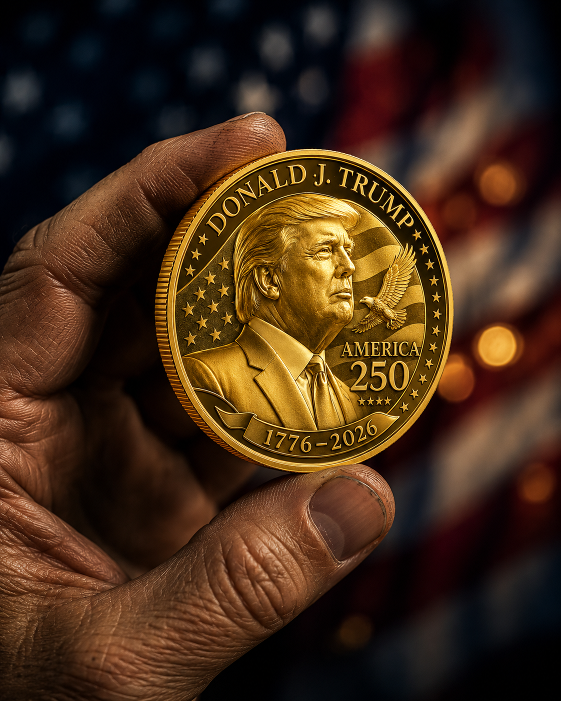 A hand holding the Golden America 250 Tribute Coin in front of the American flag