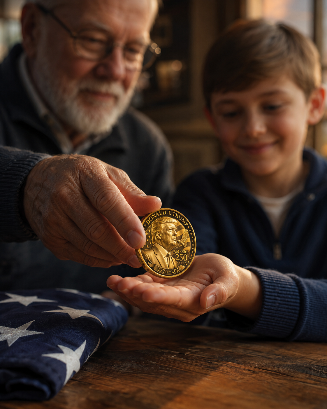 A grandfather placing the Golden America 250 Tribute Coin into his grandson's hands