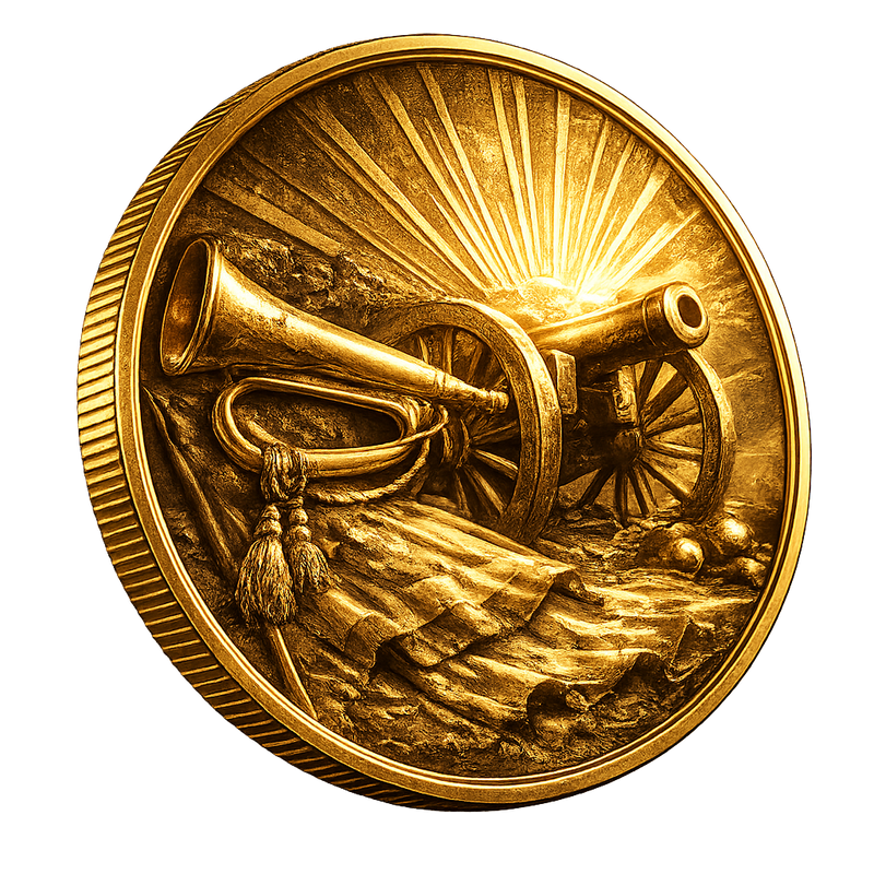 Gold medallion: Civil War bugle and cannon under rays of dawn