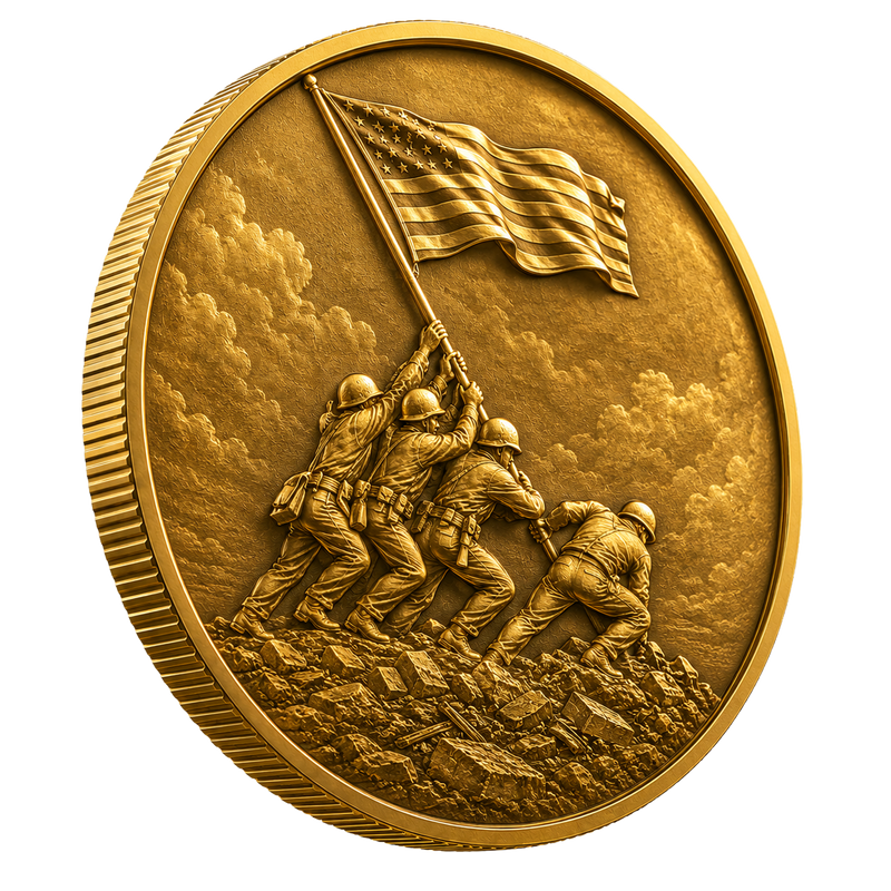 Gold medallion: soldiers raising the American flag