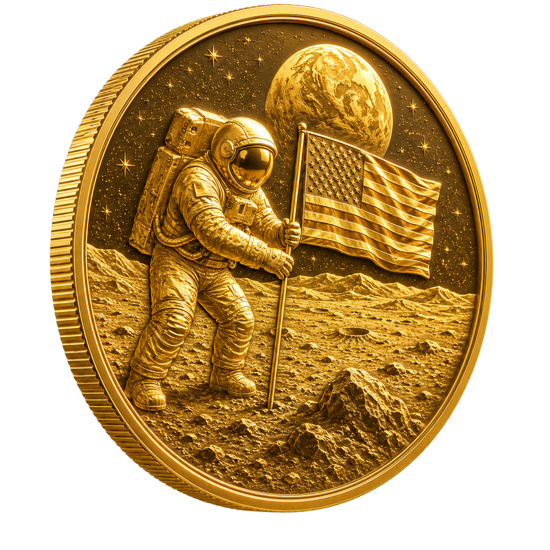 Gold medallion: astronaut planting the American flag on the Moon with Earth rising