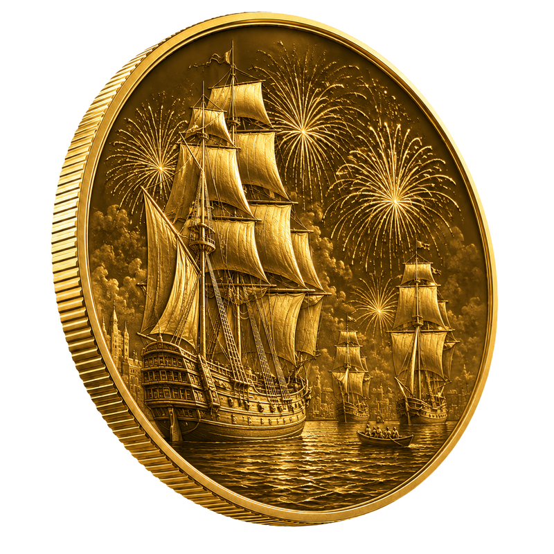 Gold medallion: tall ships in harbor under bicentennial fireworks