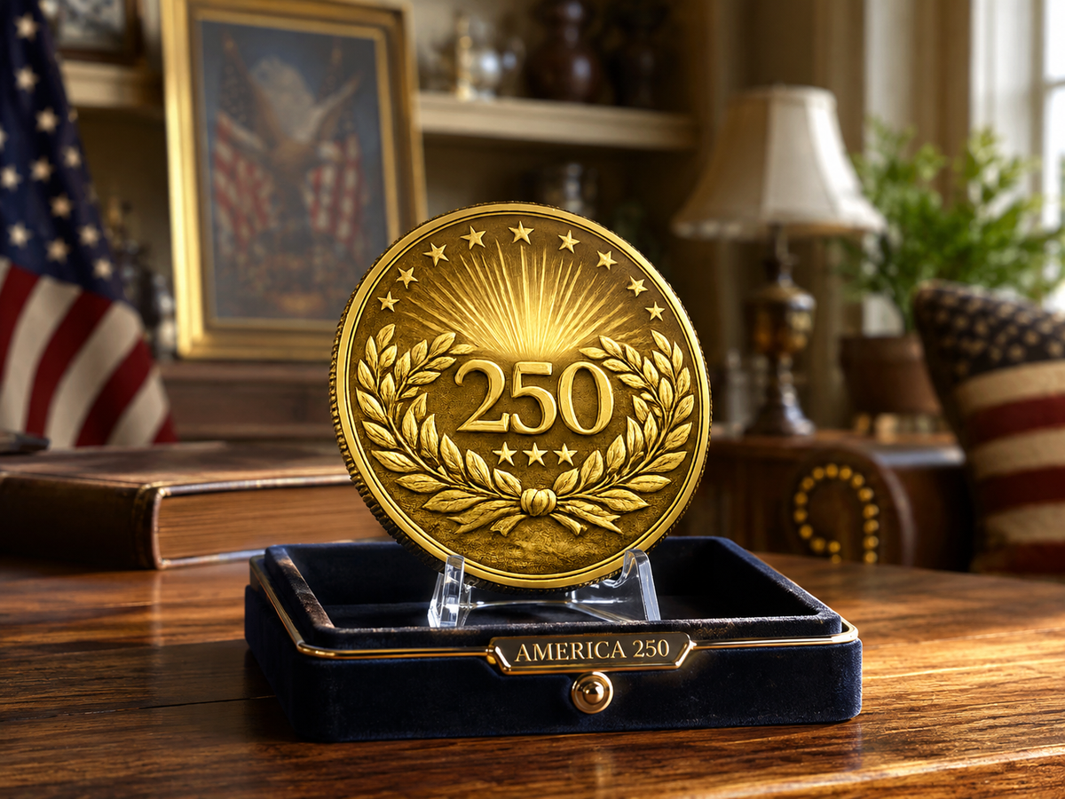 The Golden America 250 Tribute Coin in a navy velvet presentation case with gold trim