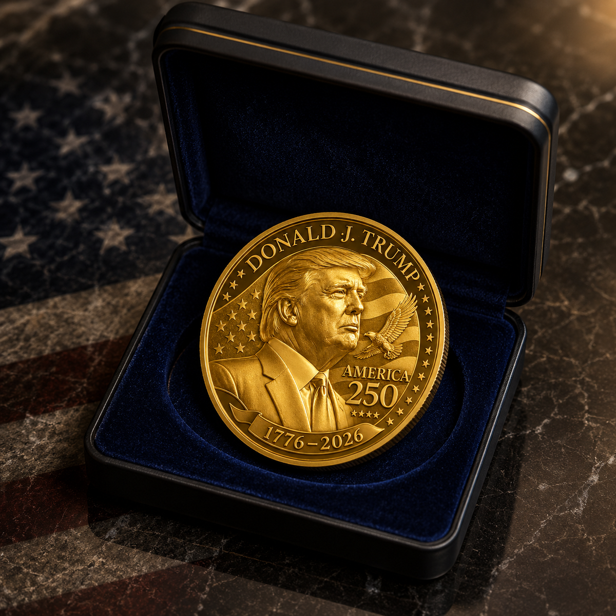 The Golden America 250 Tribute Coin in a navy velvet presentation case with gold trim