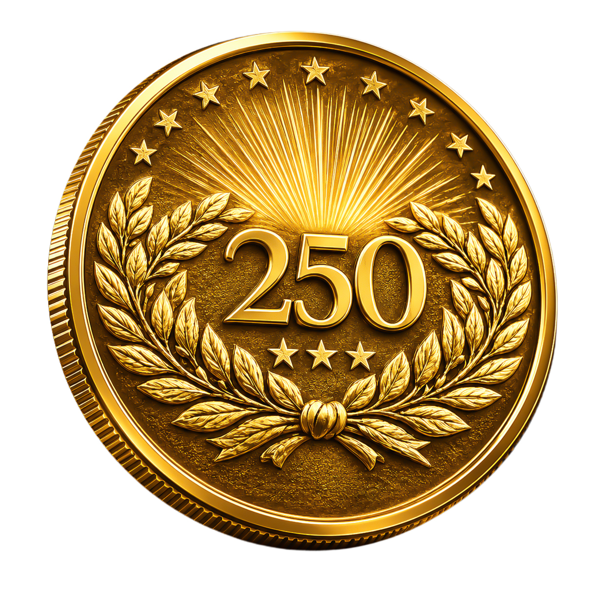 The Golden America 250 Tribute Coin at a dramatic angle — 250 in a laurel wreath with sunburst, stars, 1776–2026 banner
