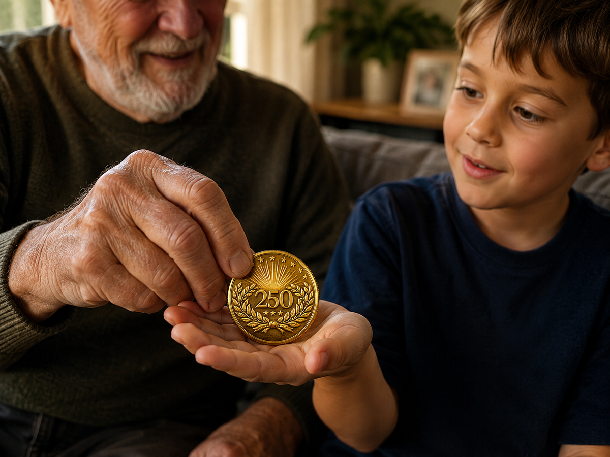 A grandfather placing the Golden America 250 Tribute Coin into his grandson's hands