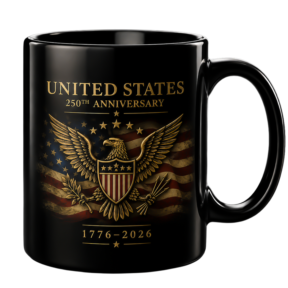 The Limited Edition Golden and Black America 250 Mug — jet-black ceramic with a gold eagle and shield over the American flag, United States 250th Anniversary, 1776–2026