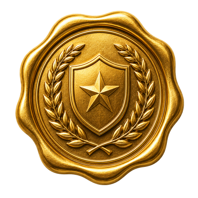 Gold seal with shield, star, and laurel wreath