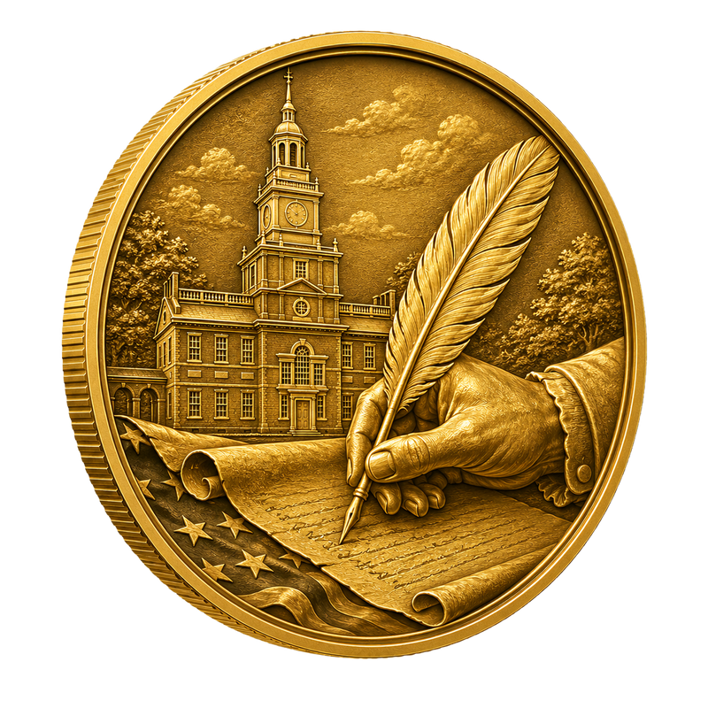 Gold medallion: signing the Declaration of Independence before Independence Hall