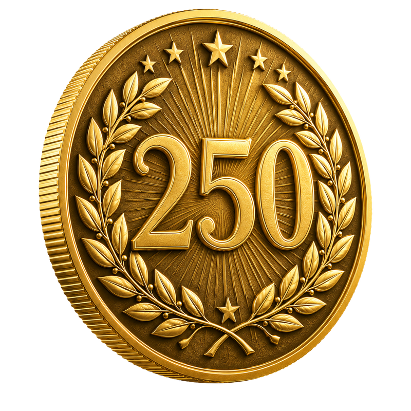 Gold medallion: 250 in a laurel wreath with stars and sunburst