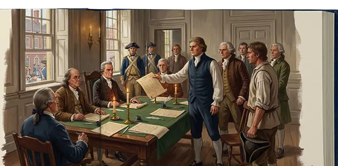 Original chapter artwork — the signing in Philadelphia