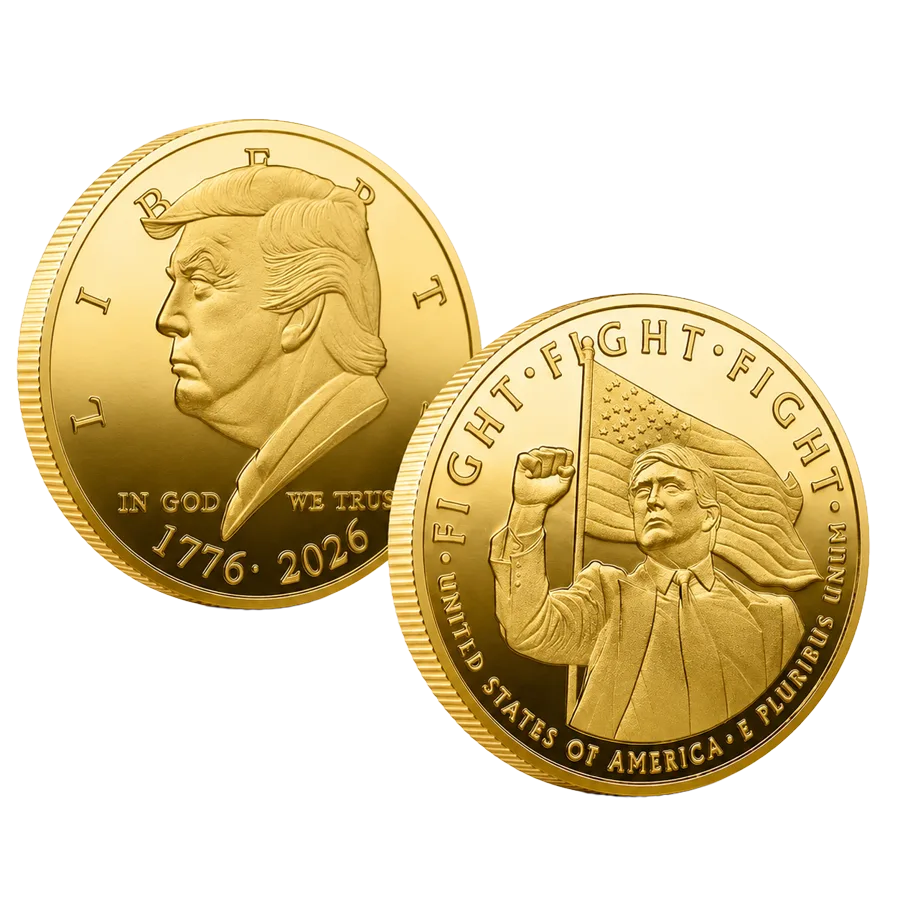 Donald Trump “Fight Fight Fight” Gold Coin — 1776–2026 Commemorative — front and back of the coin