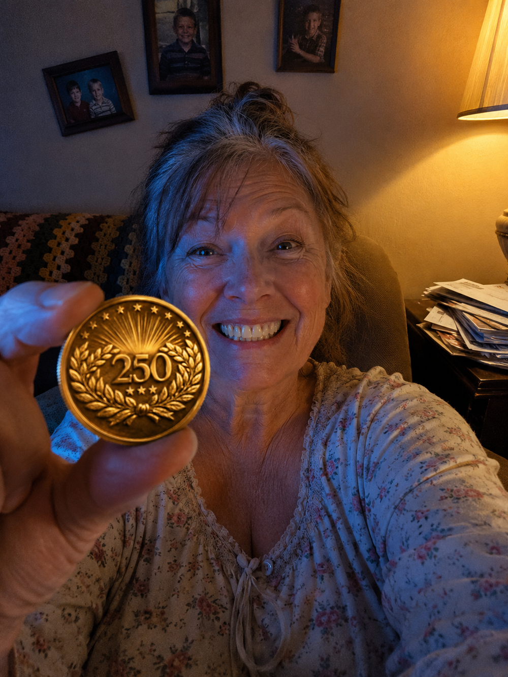 Happy woman at home holding her golden America 250 coin