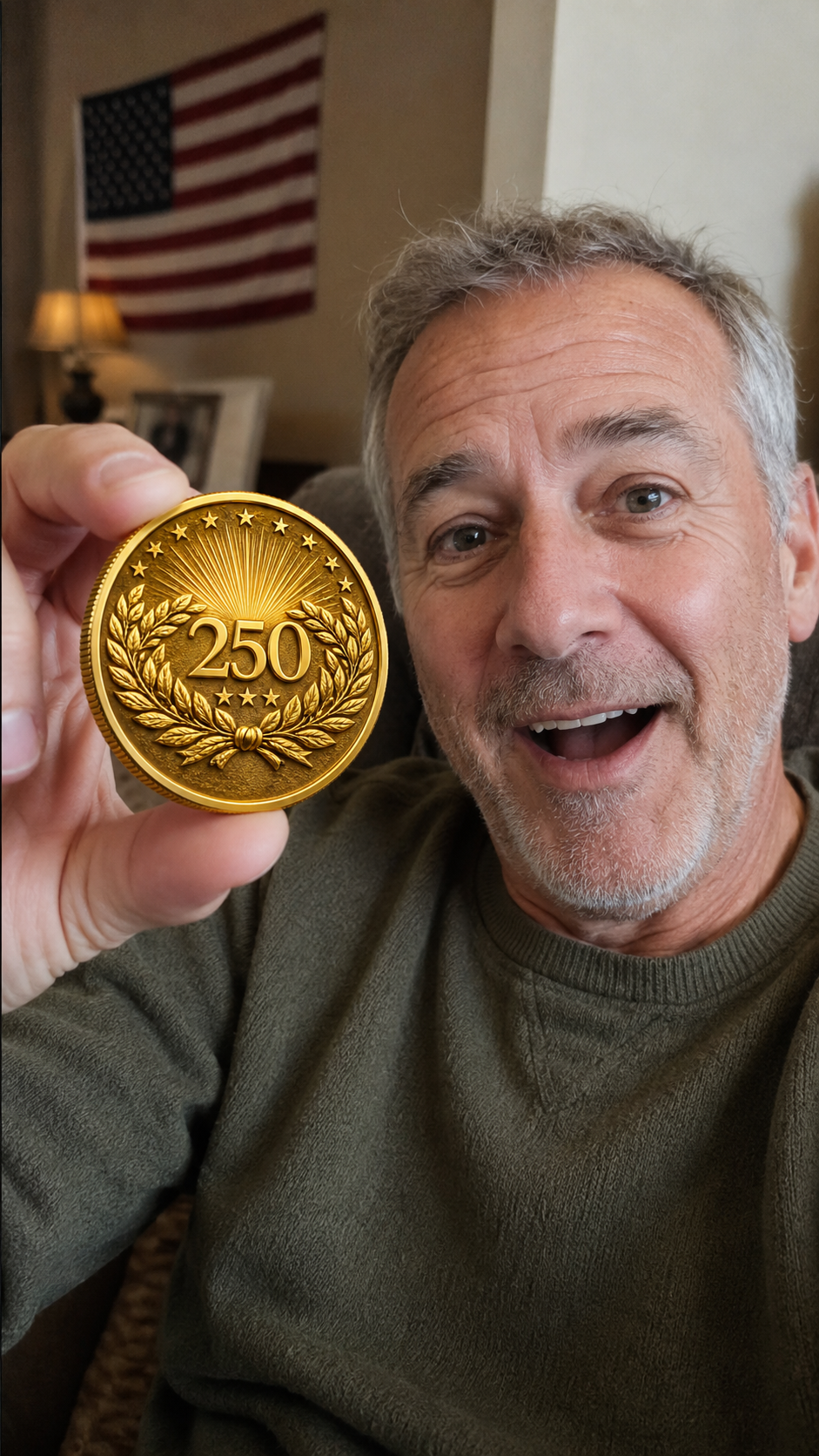 Close look at the golden America 250 coin held up to the light