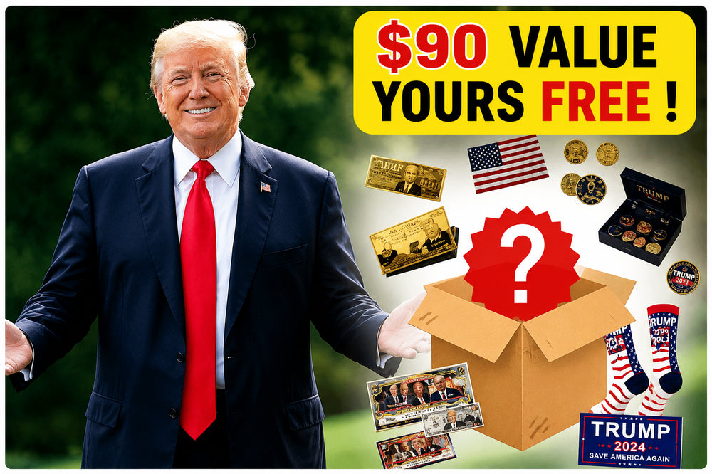 Donald Trump presenting the Trump Patriot Mystery Box — a surprise bundle of patriotic collectibles, $90 value yours free
